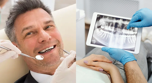 Dentist Flushing NY Man Receiving Dental Exam And Hand Pointing To X-Rays Collage HP Man Receiving Dental Exam And Hand Pointing To X-Rays Collage